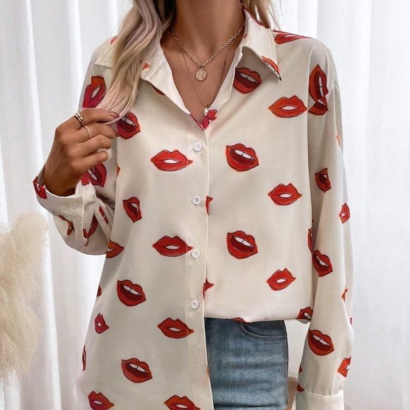 White Casual Womens Lip Print Button Front Shirt - Picture 2 of 5